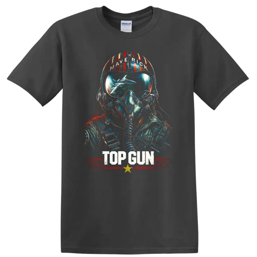 Top Gun Maverick fighter pilot helmet graphic T shirt with TOP GUN text on a Charcoal T Shirt