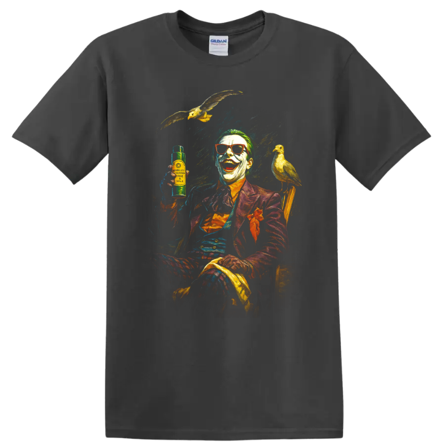 Joker inspired laughing clown artwork with birds on a black T-shirt on a Charcoal T Shirt
