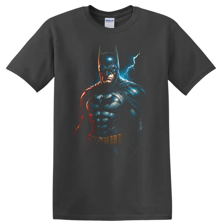 Batman comic art portrait with lightning and dramatic blue red shadows on T shirt on a Charcoal T Shirt