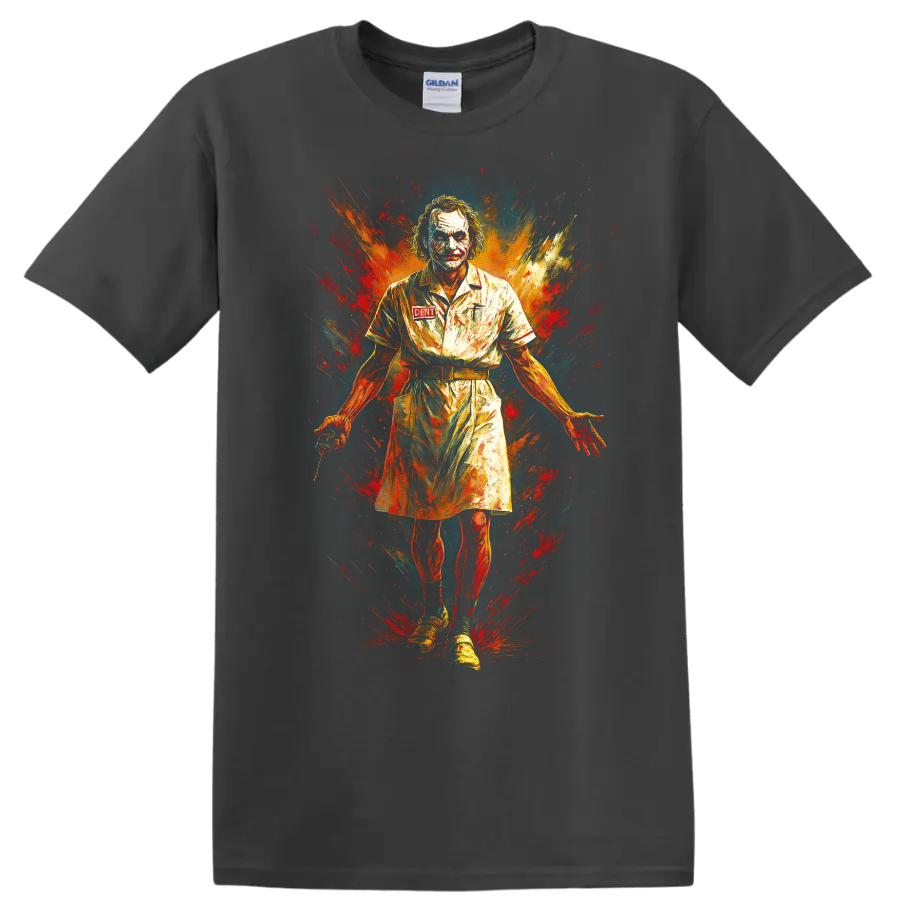 Joker-inspired graffiti portrait T Shirt with explosive red orange paint splashes on a Charcoal T Shirt