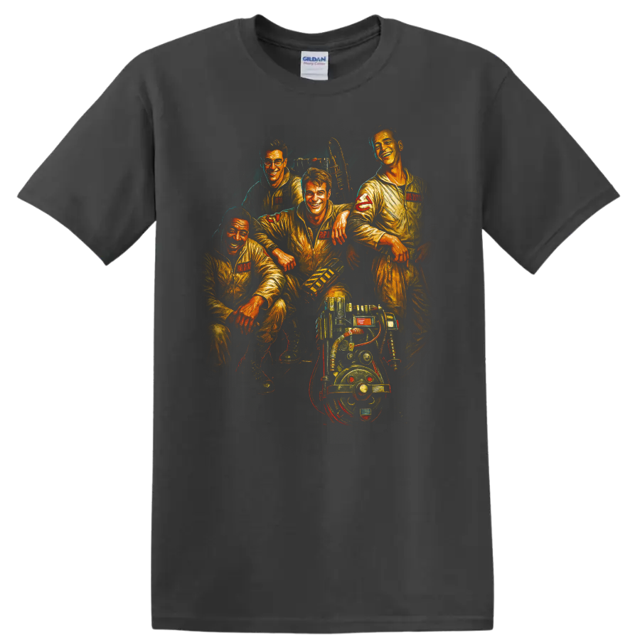 Ghostbusters team portrait with ghostbusting gear on a T shirt on a Charcoal T Shirt