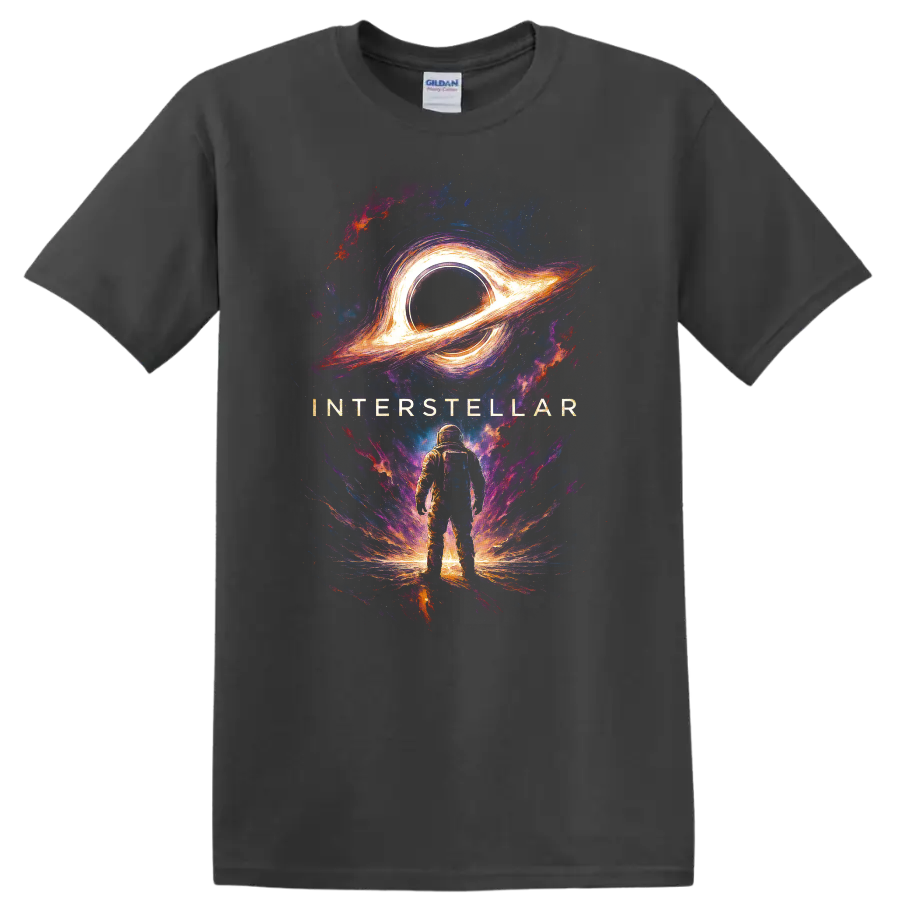 Interstellar astronaut standing beneath glowing black hole cosmic artwork T Shirt on a Charcoal T Shirt