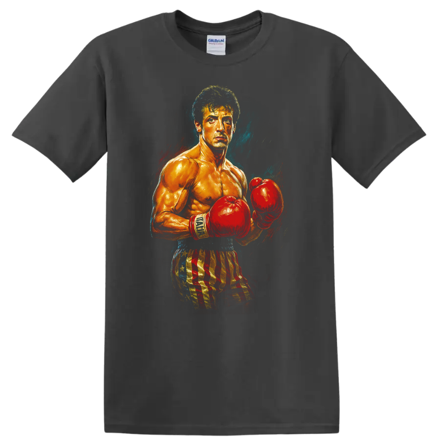 Rocky-inspired boxer portrait with red gloves and American flag shorts on a T shirt on a Charcoal T Shirt