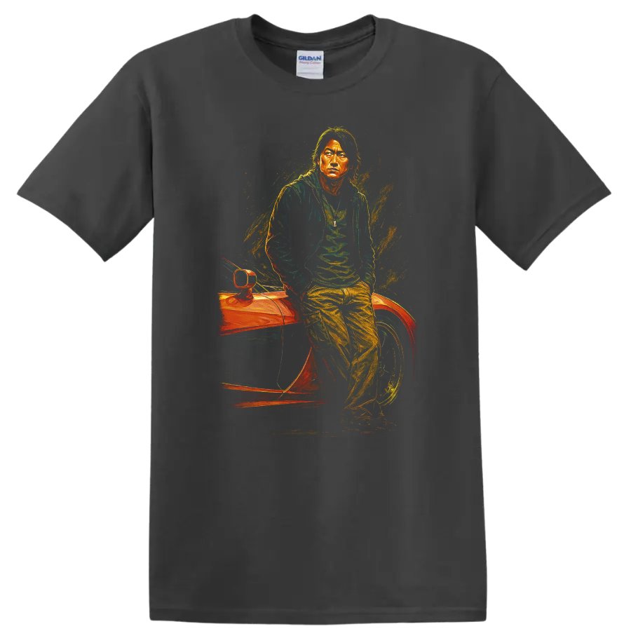 Neon street racing portrait inspired by The Fast and the Furious Tokyo Drift T Shirt on a Charcoal T Shirt