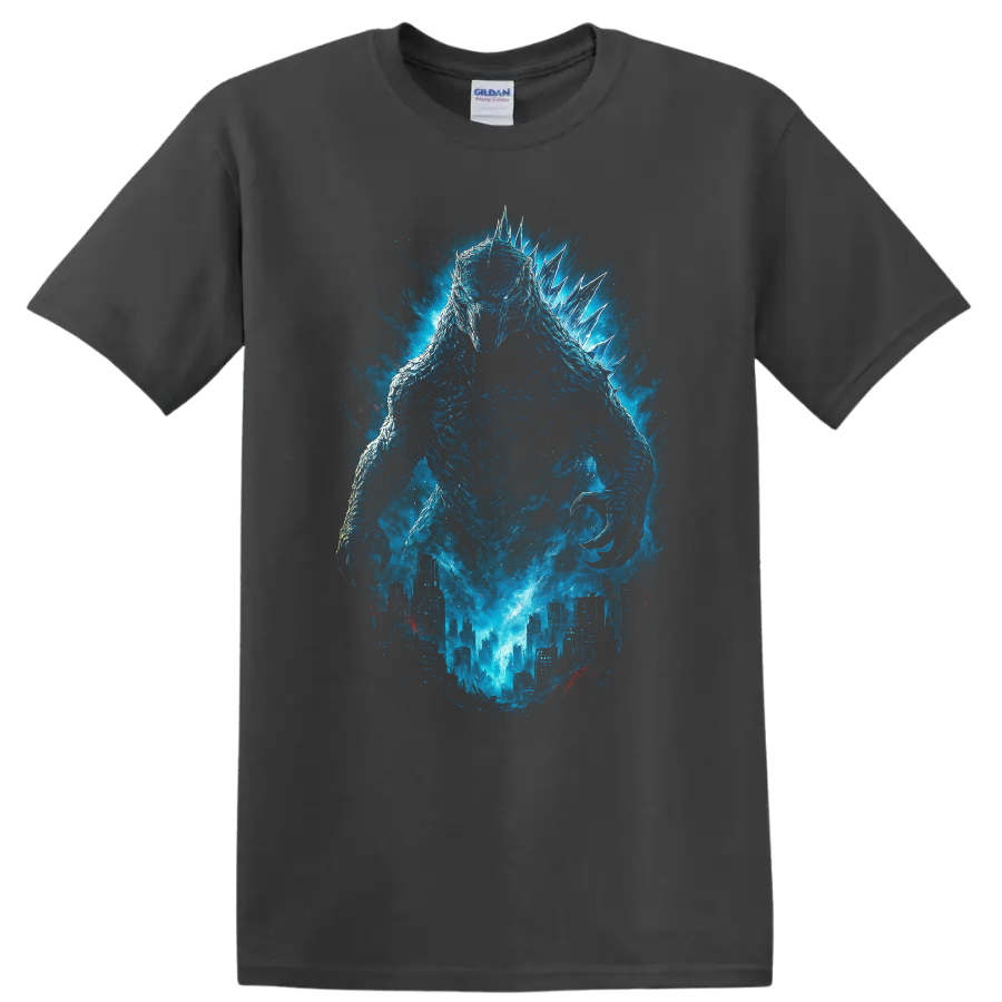 Blue Godzilla Minus One monster rising over a city with glowing energy, cinematic T-shirt design on a Charcoal T Shirt