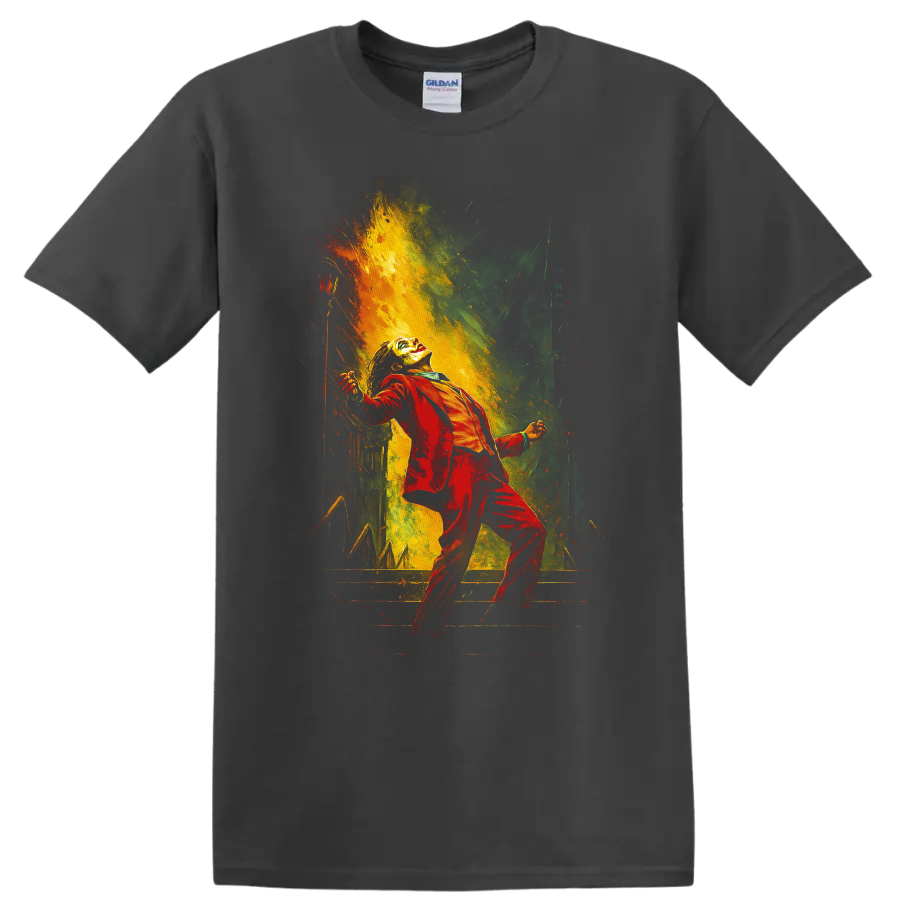 Joker in red suit with dramatic comic-style color burst graphic T shirt on a Charcoal T Shirt