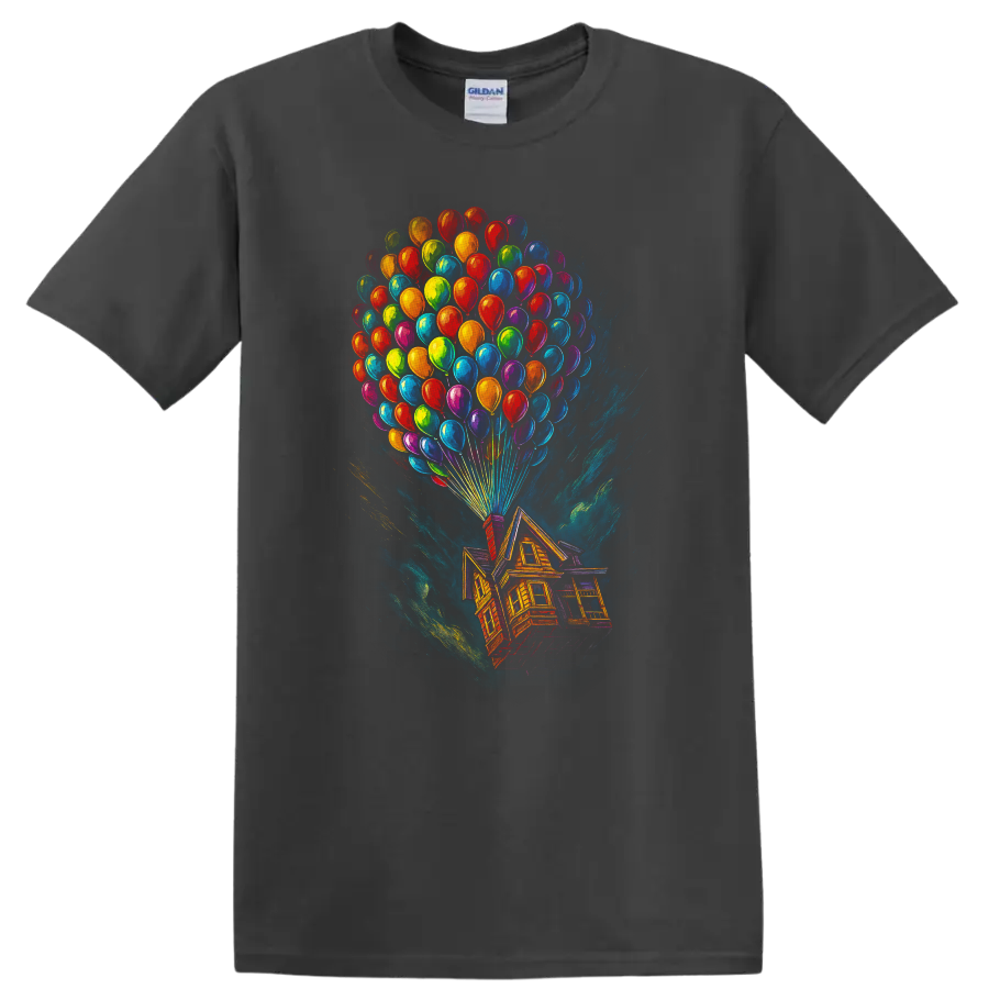 Colorful floating house and balloon movie-inspired T-shirt design on a Charcoal T Shirt