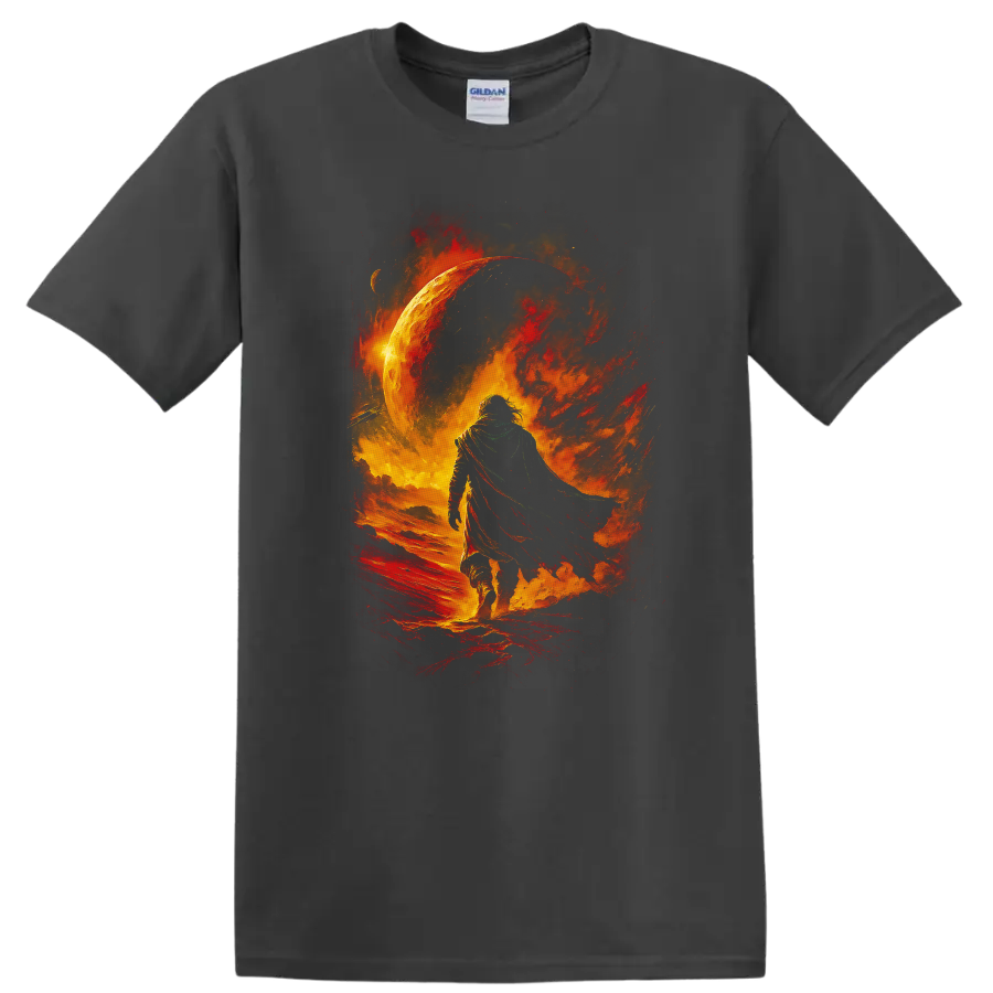Cloaked figure walking through fiery cosmic scene with glowing planet graphic on a Charcoal T Shirt