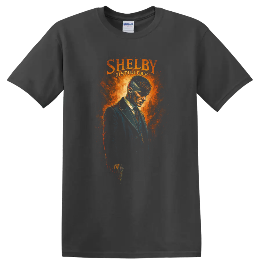 Fiery Shelby Distillery portrait artwork with man in dark suit T shirt on a Charcoal T Shirt