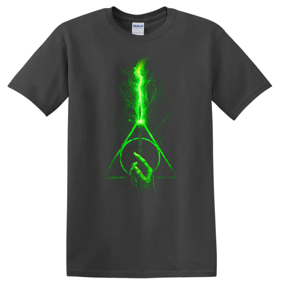 Green glowing wand with Deathly Hallows symbol and smoky flame design on black T shirt on a Charcoal T Shirt