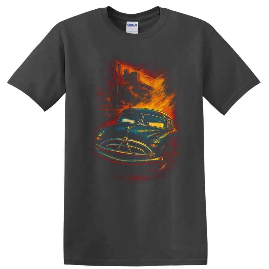 Vintage blue truck character art with fiery red orange brush strokes on a T shirt on a Charcoal T Shirt