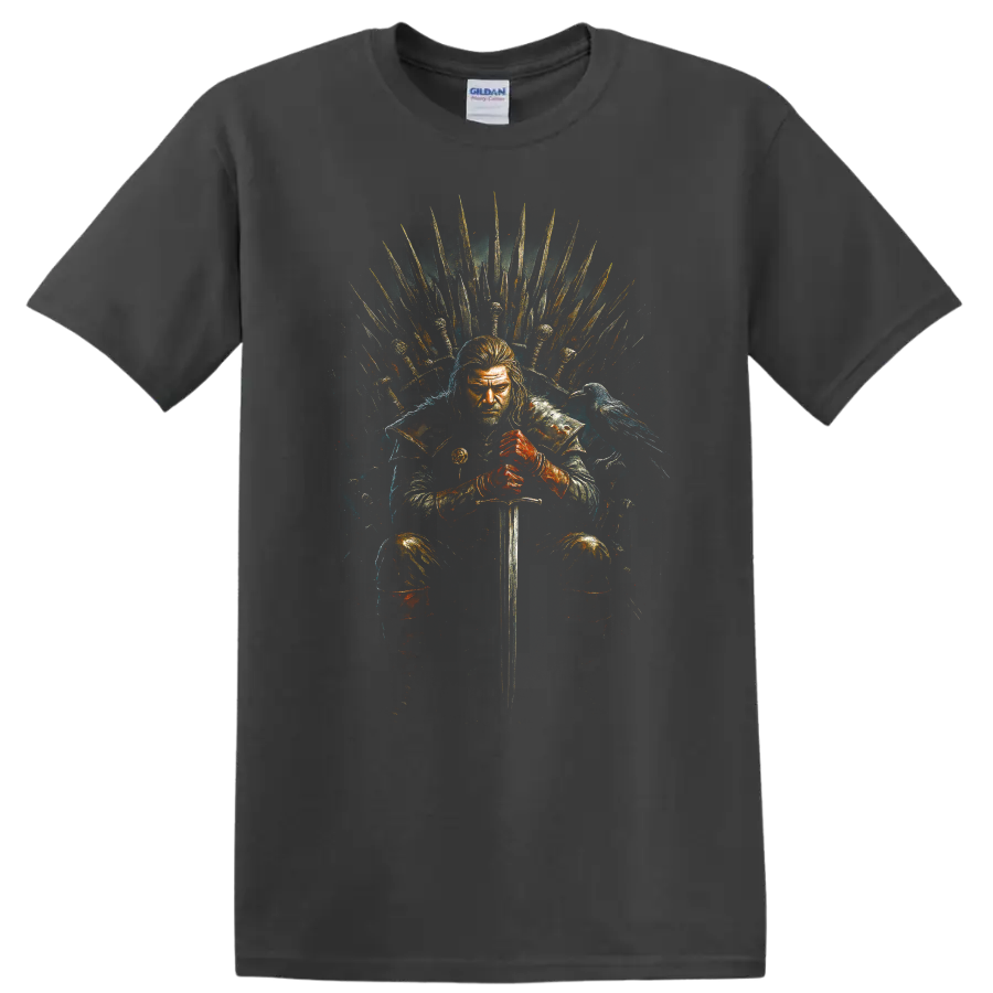 Game of Thrones warrior seated on the Iron Throne with sword and raven on a Charcoal T Shirt