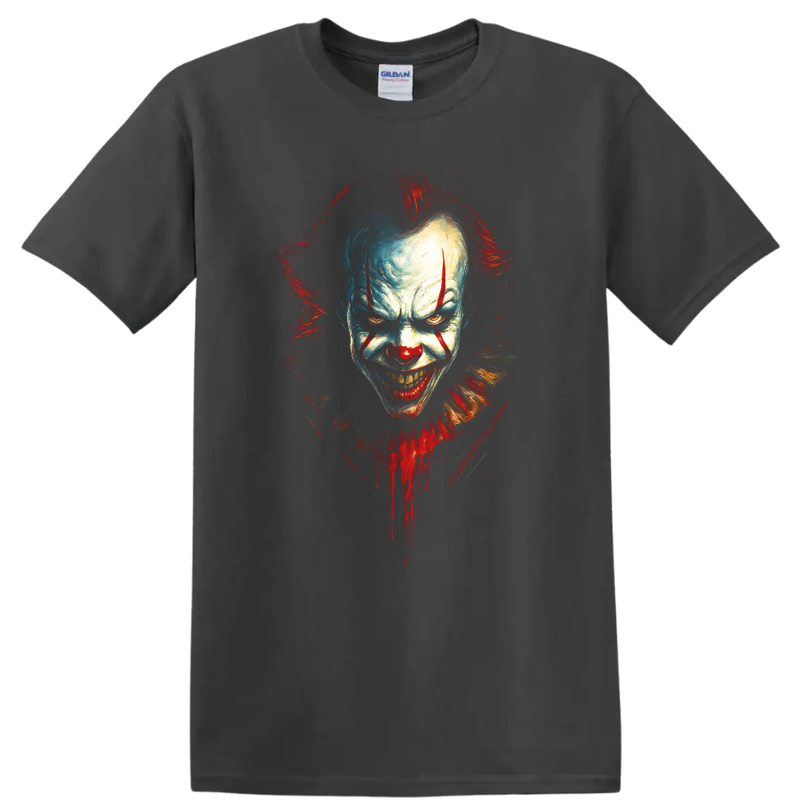 Pennywise horror clown face with red and blue paint on a black T shirt on a Charcoal T Shirt