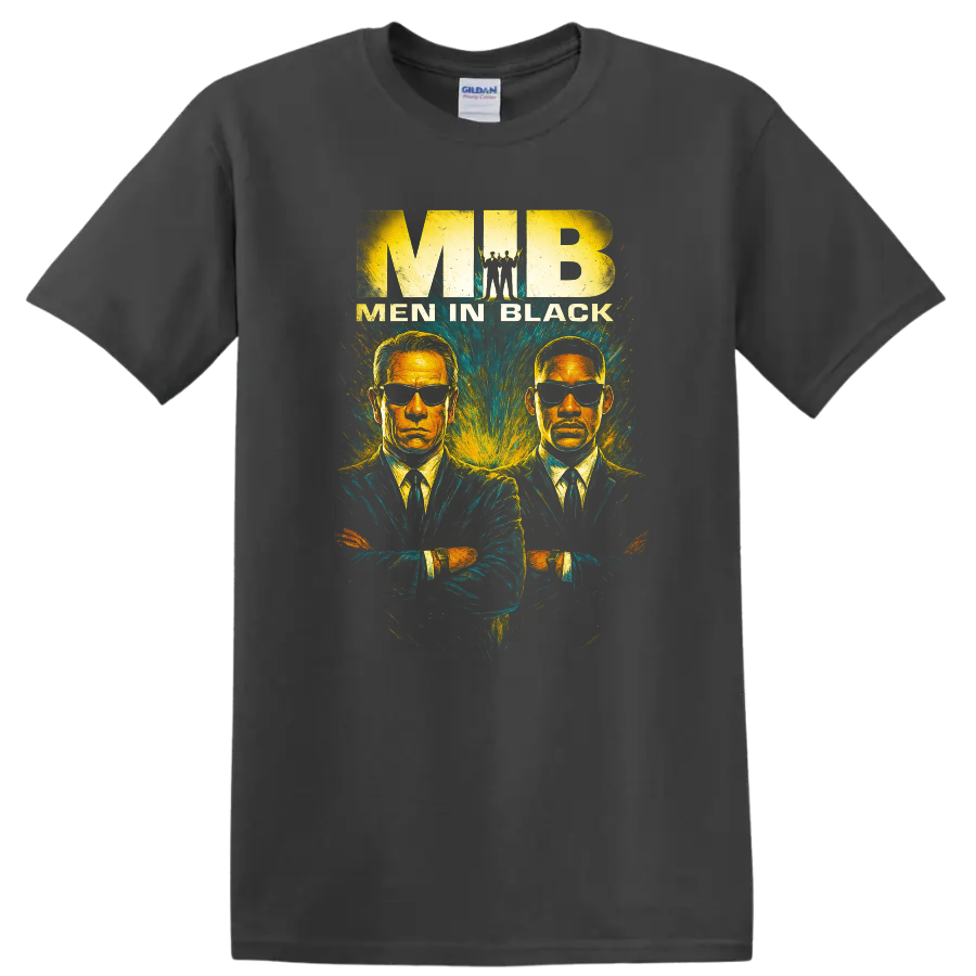 Men in Black graphic T Shirt with two suited agents in sunglasses and vintage poster style on a Charcoal T Shirt