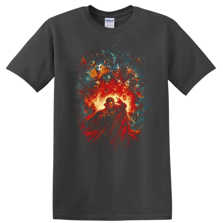 Doctor Strange comic art with magical energy and shattered fragments on a T Shirt on a Charcoal T Shirt