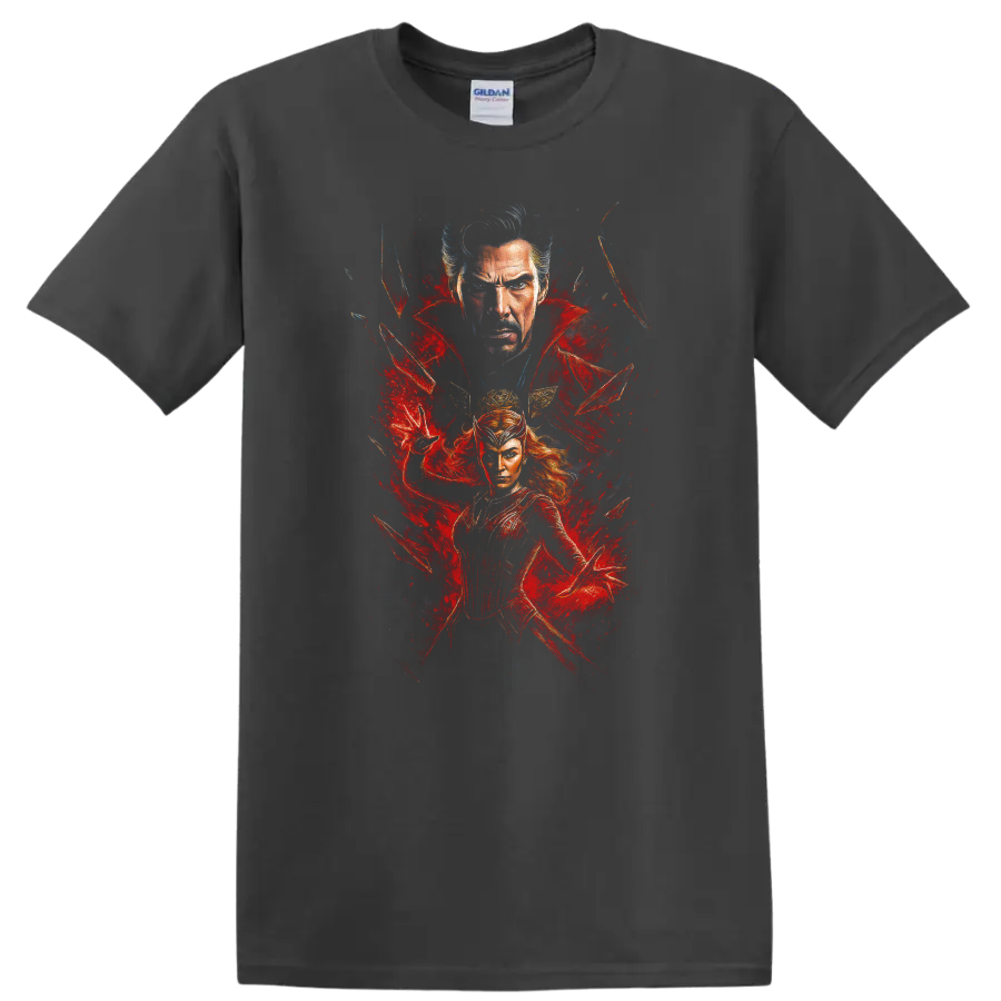 Doctor Strange and Scarlet Witch red comic art T-shirt on a Charcoal T Shirt