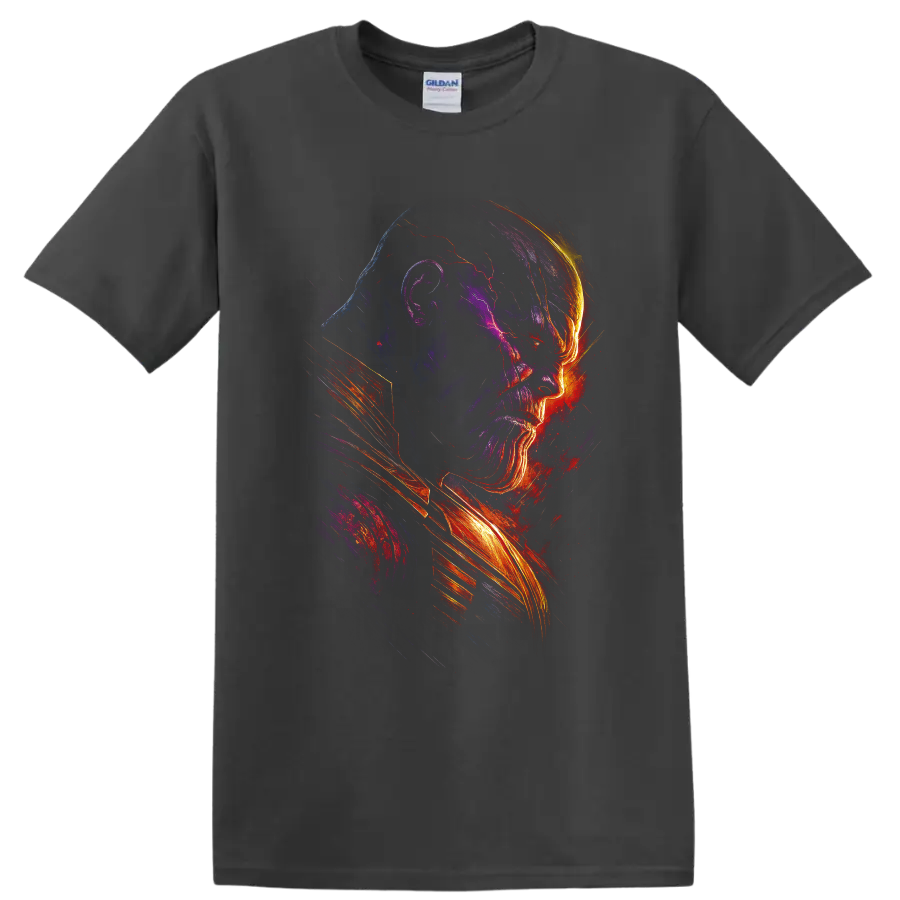 Thanos side-profile cosmic rage neon graphic T shirt on a Charcoal T Shirt