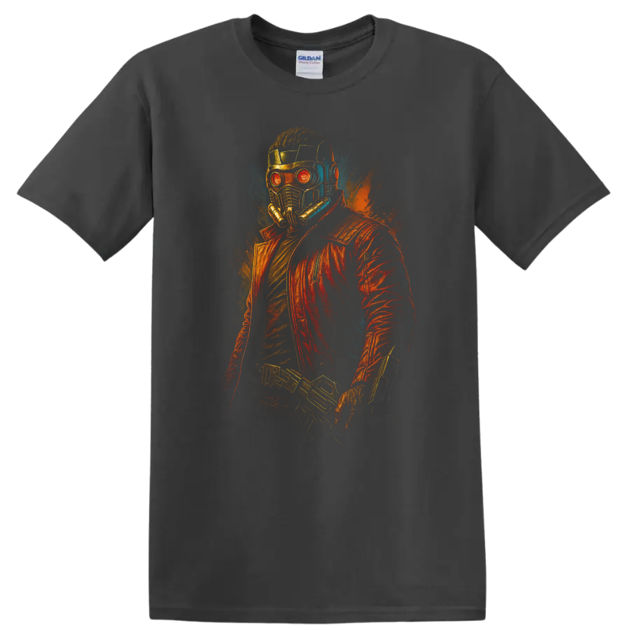 Guardians of the Galaxy inspired Star-Lord helmet and red jacket neon comic T shirt on a Charcoal T Shirt