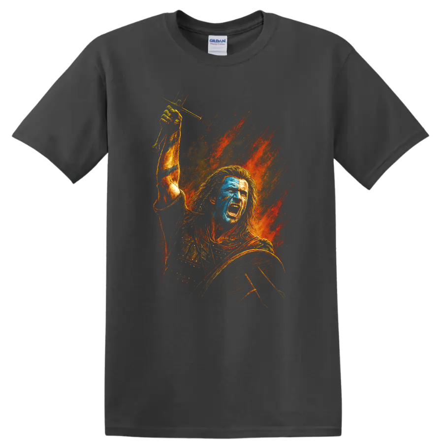Braveheart-inspired warrior battle cry artwork with fiery background on T shirt on a Charcoal T Shirt