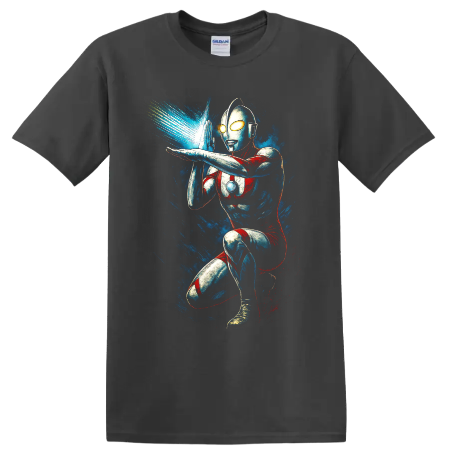 Ultraman action pose with blue energy blast retro comic style T shirt on a Charcoal T Shirt