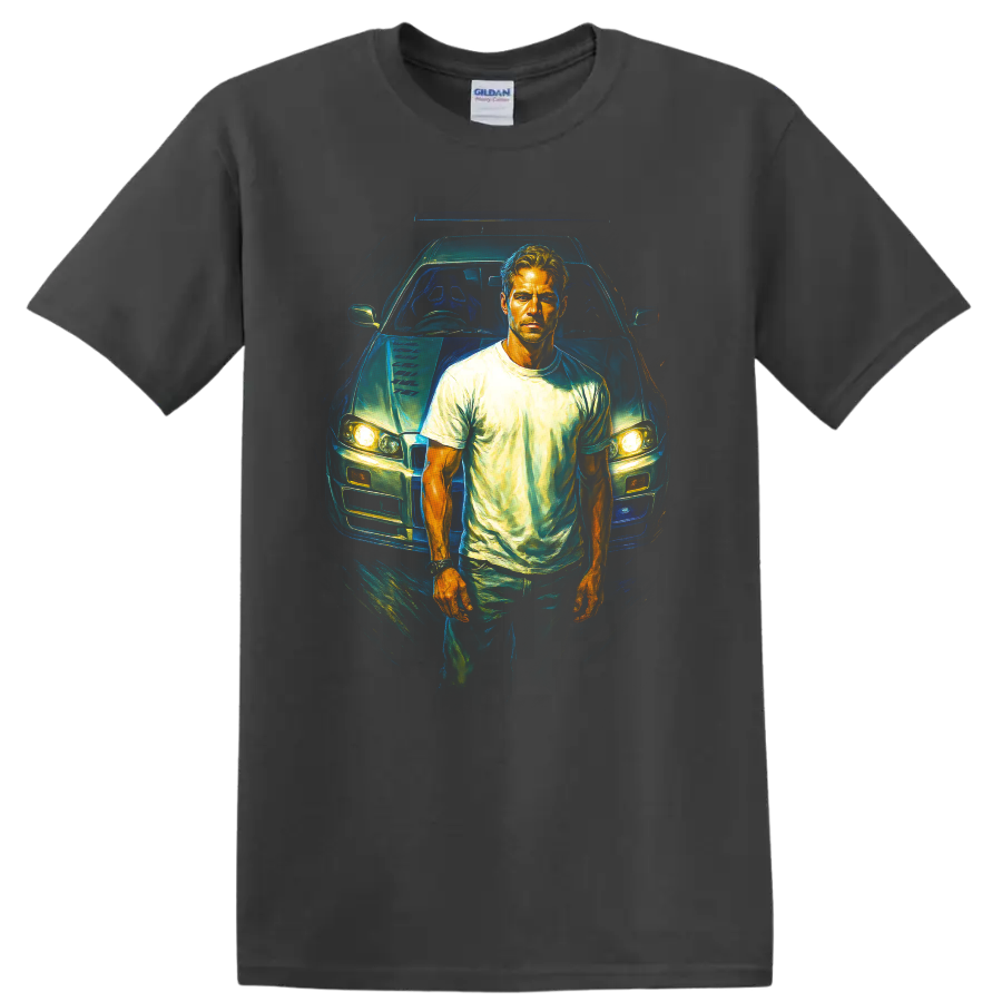 Fast and Furious inspired driver standing in front of a car graphic T shirt on a Charcoal T Shirt