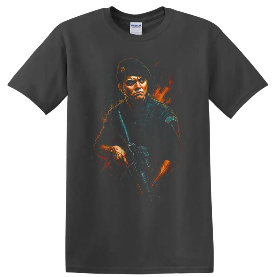Tactical soldier in beret holding rifle with orange paint splash graphic T shirt on a Charcoal T Shirt