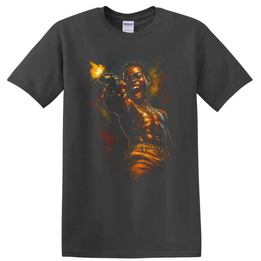 Dramatic painted action portrait graphic T shirt with explosive orange and blue colors on a Charcoal T Shirt