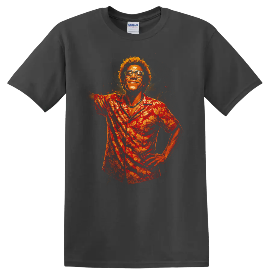 Cinematic portrait of smiling man in red floral shirt for Cidade de Deus City of God T Shirt on a Charcoal T Shirt