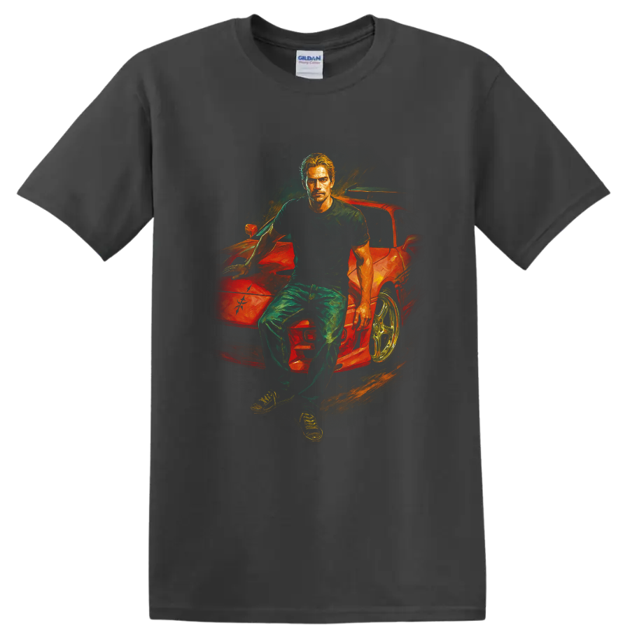 Movie-inspired artwork of a man leaning on a red sports car on a black T shirt on a Charcoal T Shirt