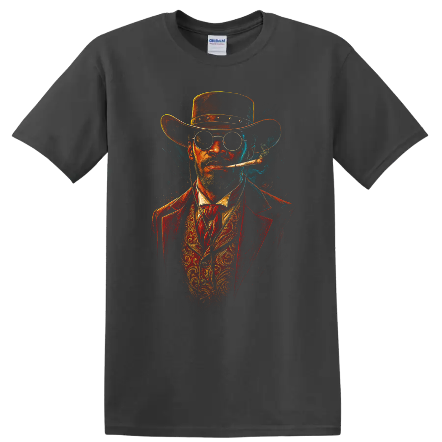 Django Unchained inspired cowboy portrait with hat, glasses, cigar, and smoky Western style on a Charcoal T Shirt