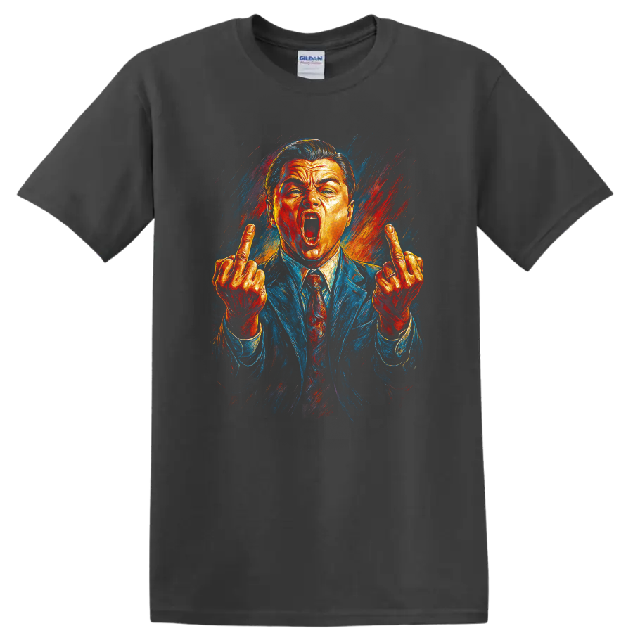 Pop art portrait of a suited man with raised middle fingers, The Wolf of Wall Street T-shirt on a Charcoal T Shirt