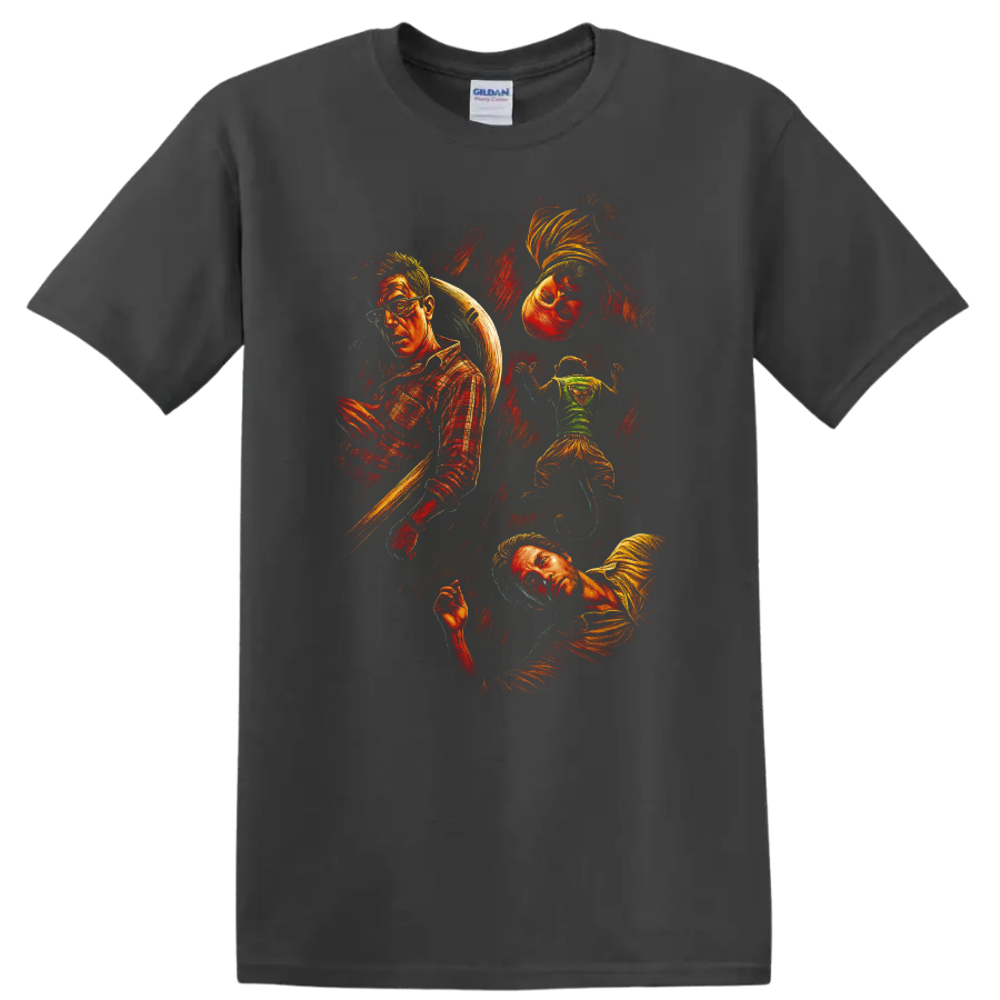 The Hangover movie collage artwork with multiple characters in vintage style T Shirt on a Charcoal T Shirt