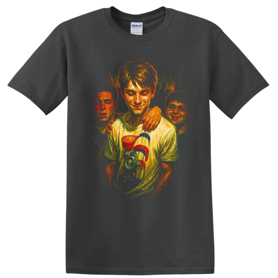 Stranger Things-inspired painted crew character graphic T shirt on a Charcoal T Shirt