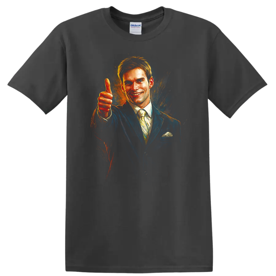 Smiling man in suit giving thumbs up, painterly movie-style graphic T-shirt on a Charcoal T Shirt