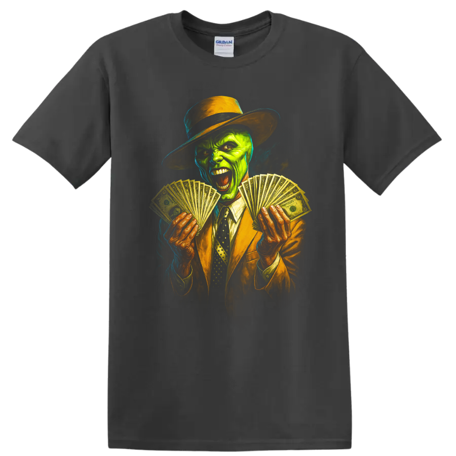 Green face character in hat and suit holding money fans graphic T shirt on a Charcoal T Shirt