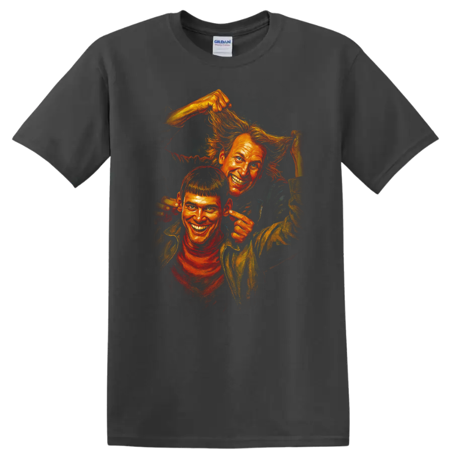 Dumb and Dumber inspired comic-style artwork of two grinning characters on a Charcoal T Shirt