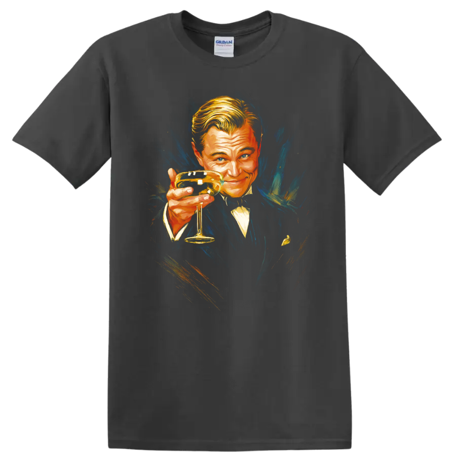Vintage Great Gatsby portrait holding a champagne glass on a Charcoal T Shirt