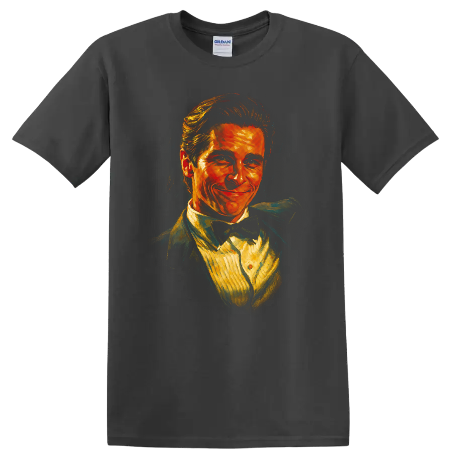 Painterly portrait inspired by American Psycho on a T shirt on a Charcoal T Shirt