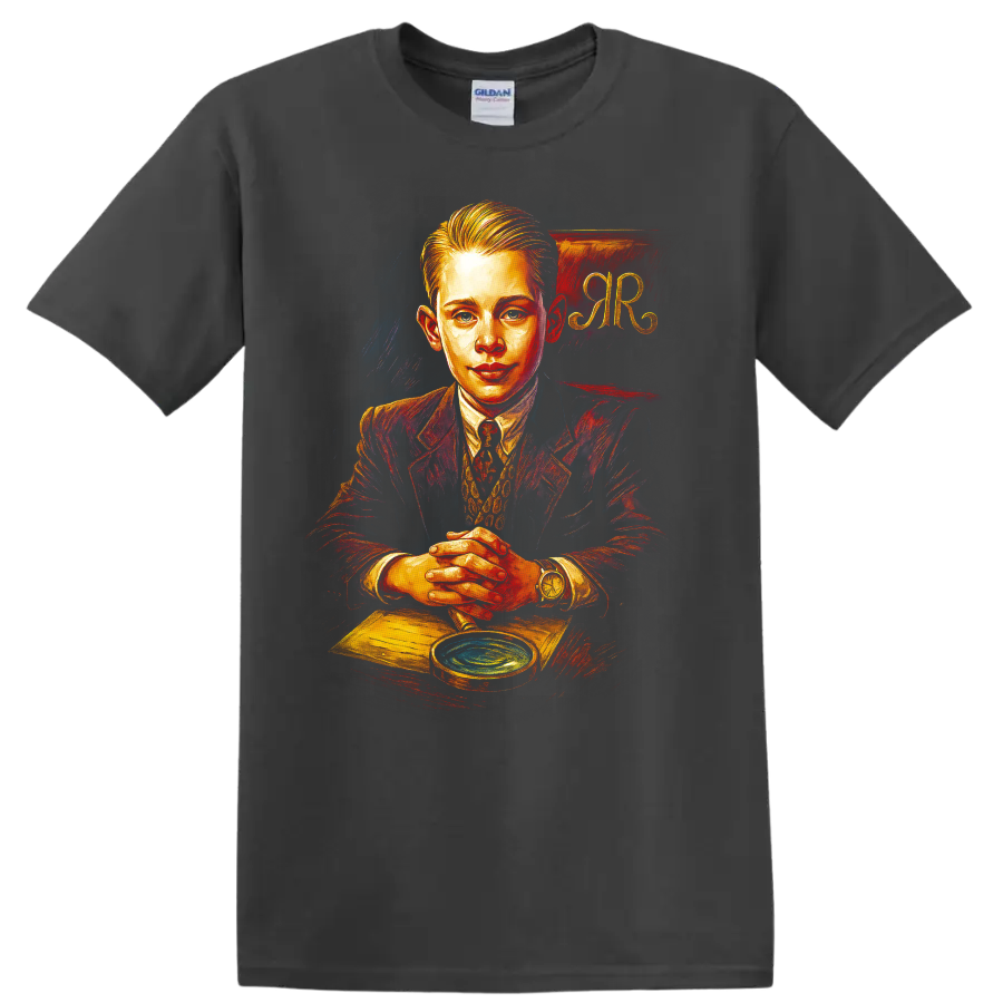 Richie Rich portrait in vintage painted style with RR background on T shirt on a Charcoal T Shirt