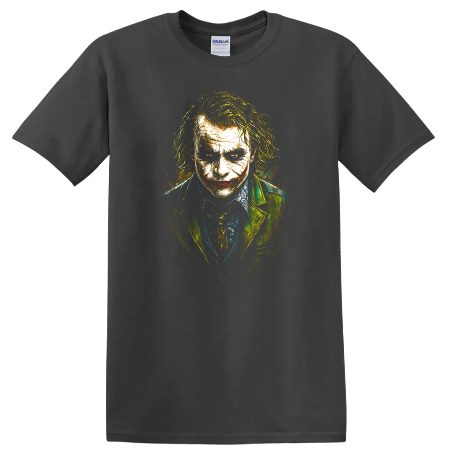 Painted Joker portrait graphic T Shirt with dark dramatic movie style on a Charcoal T Shirt