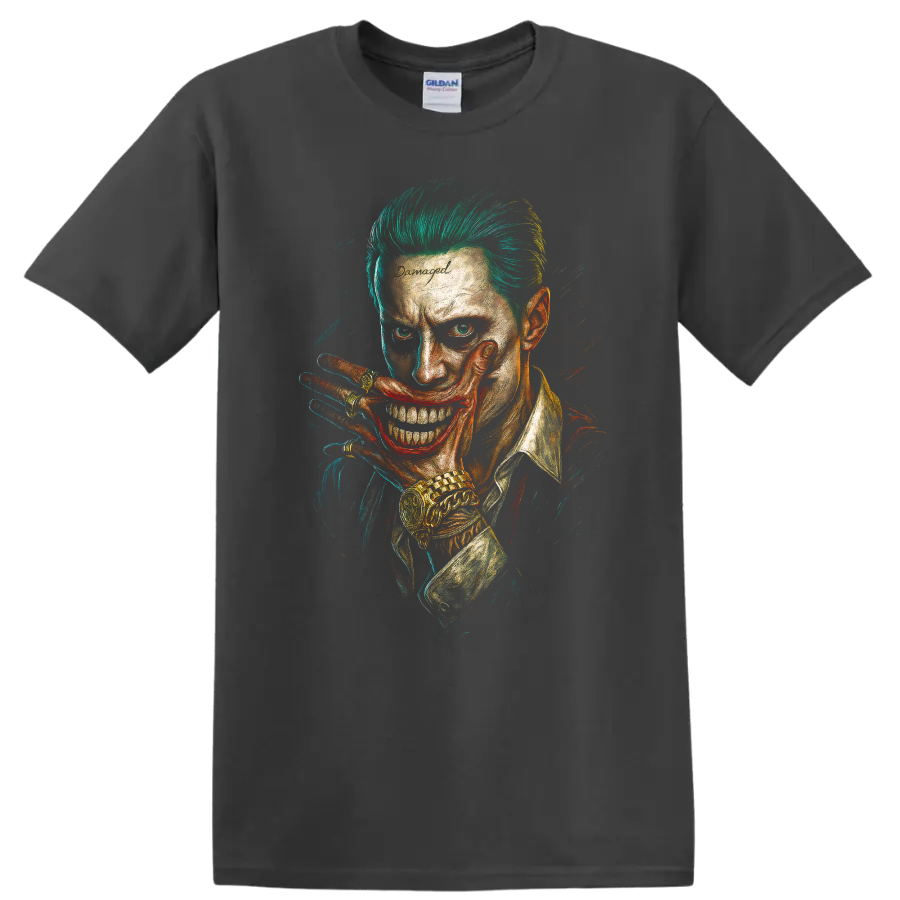 Suicide Squad Joker-style grin portrait with neon green hair graphic T shirt on a Charcoal T Shirt