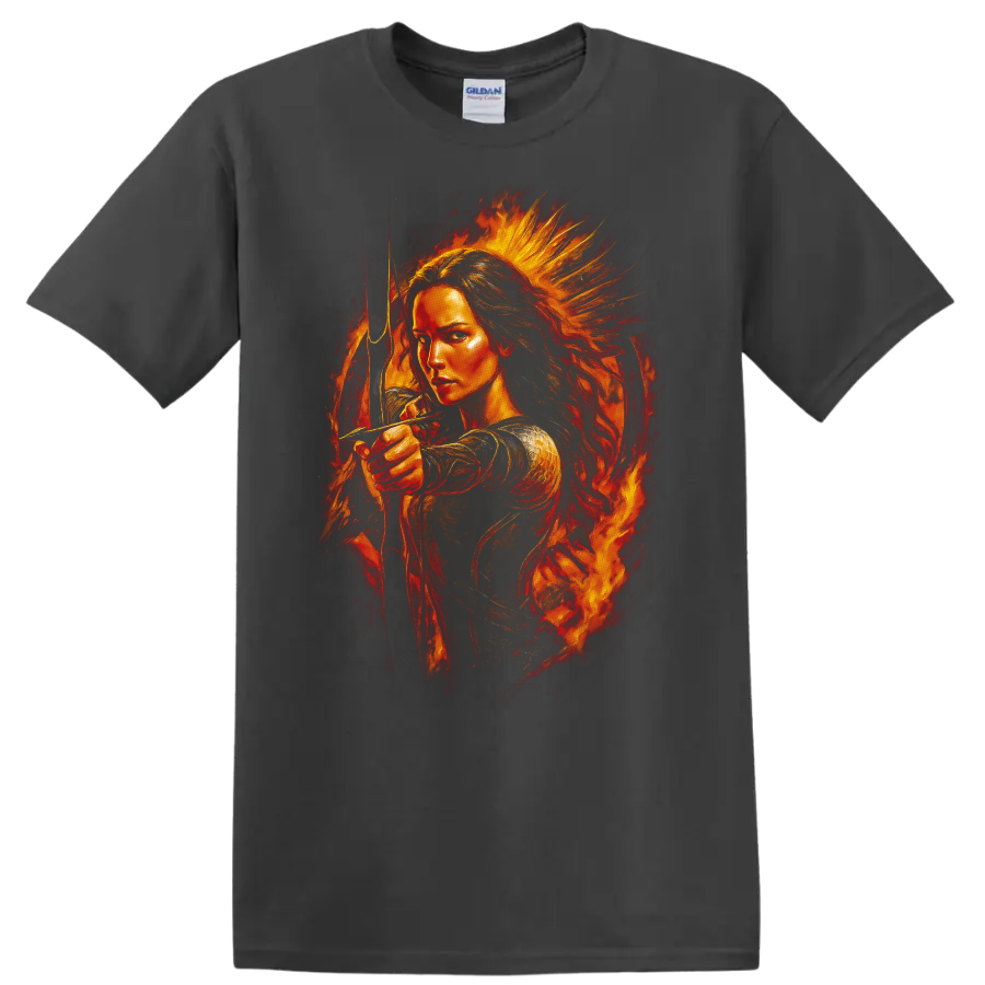 Fiery archer portrait with bow and flames The Hunger Games T Shirt on a Charcoal T Shirt