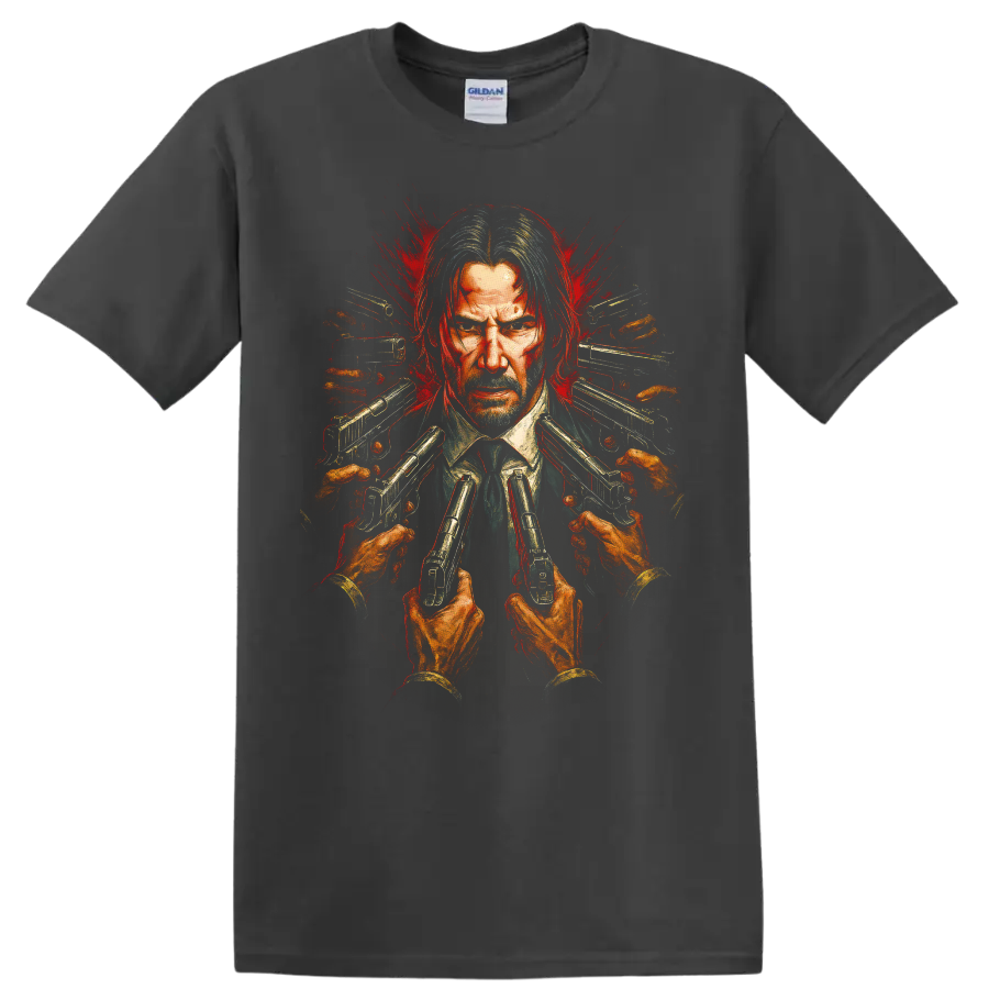 John Wick-inspired portrait with guns pointed inward and red splatter action art T Shirt on a Charcoal T Shirt
