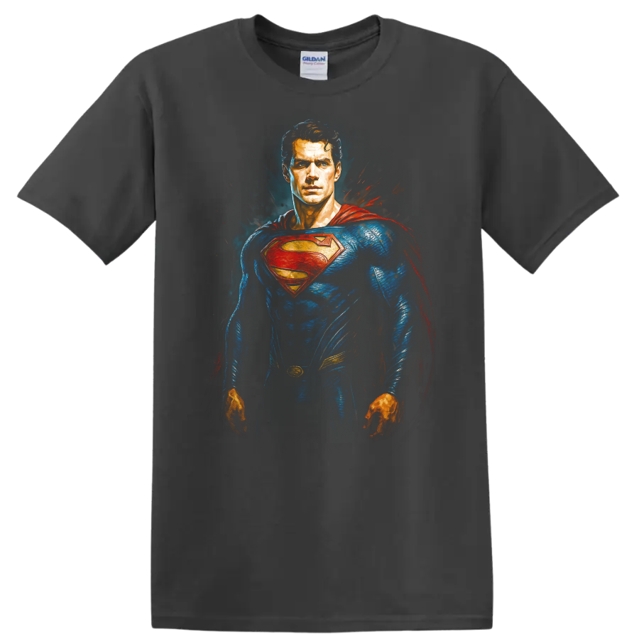 Superman in blue suit and red cape comic-style hero portrait T shirt on a Charcoal T Shirt