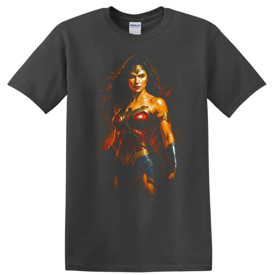 Wonder Woman fiery heroic portrait T Shirt design on a Charcoal T Shirt