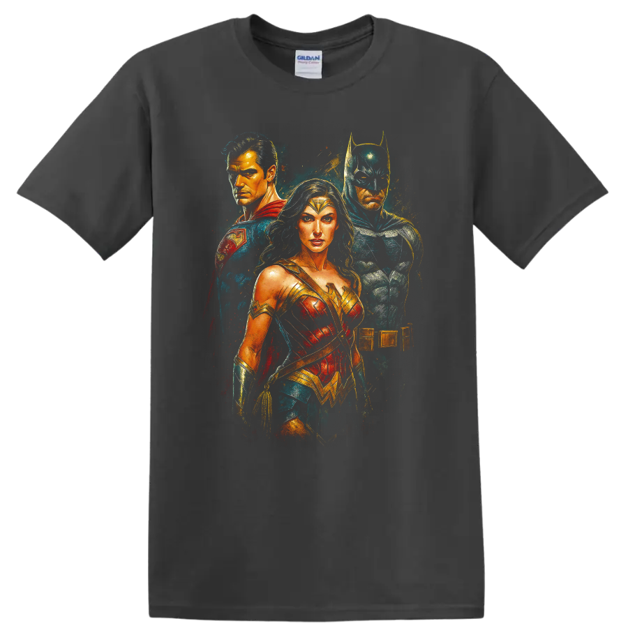 Cinematic Trinity-inspired hero trio portrait design on T - Charcoal