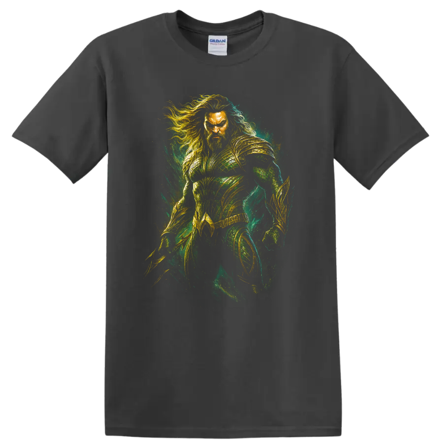 Aquaman-inspired armored hero artwork with green and gold fantasy style T Shirt on a Charcoal T Shirt