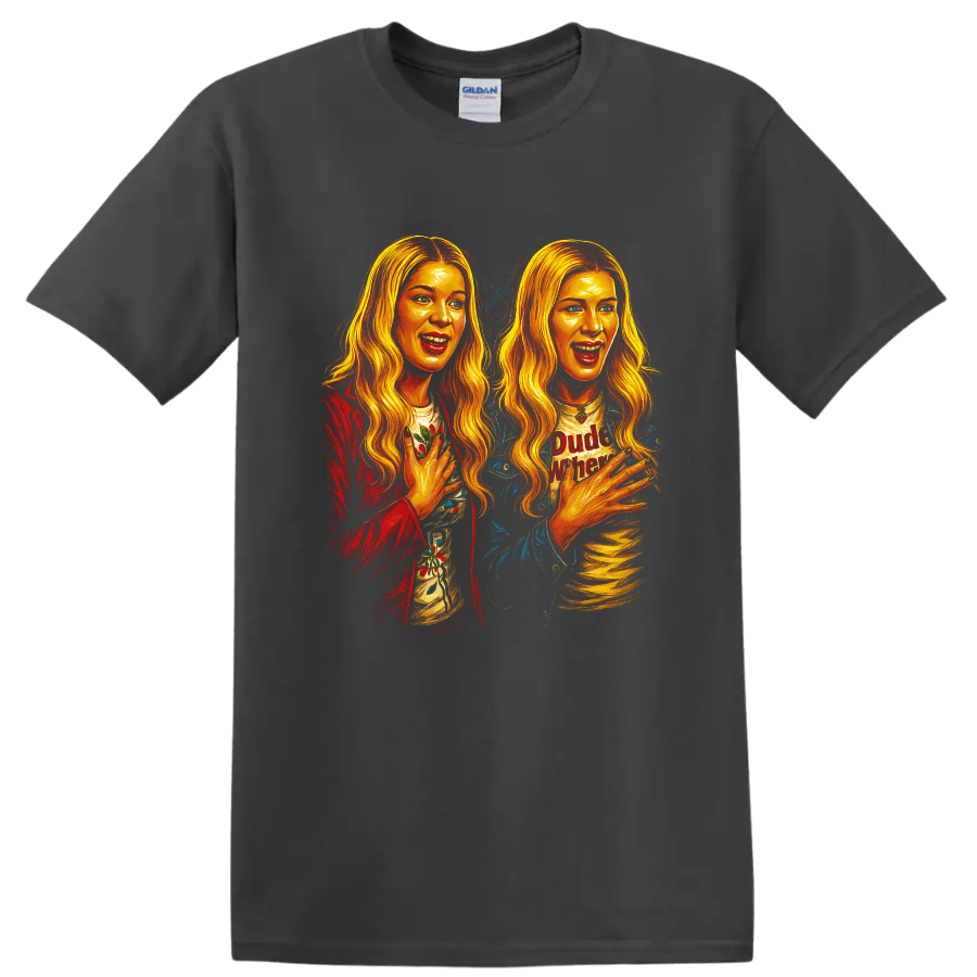 Colorful double portrait fan art inspired by Dude, Where's My Car movie T Shirt on a Charcoal T Shirt