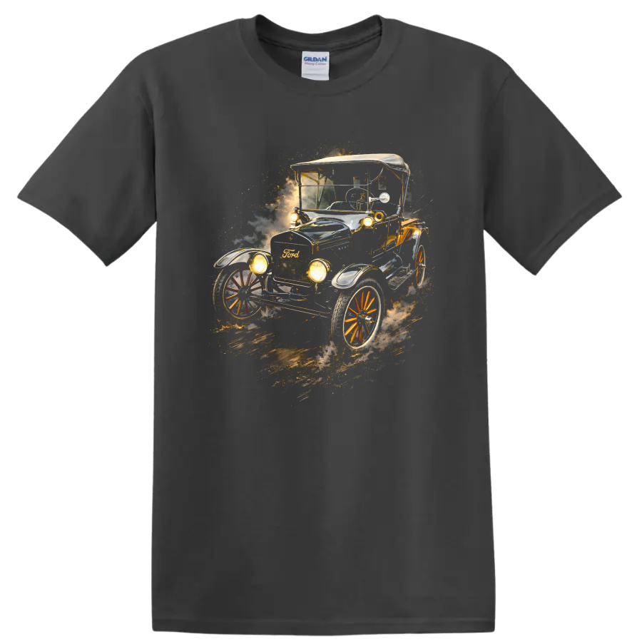 Ford Model T vintage old car graphic print with glowing headlights and dusty motion effect on a Charcoal T Shirt