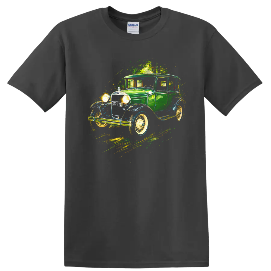 Green Ford Model A 1930 vintage car graphic print T-shirt on a Charcoal T Shirt